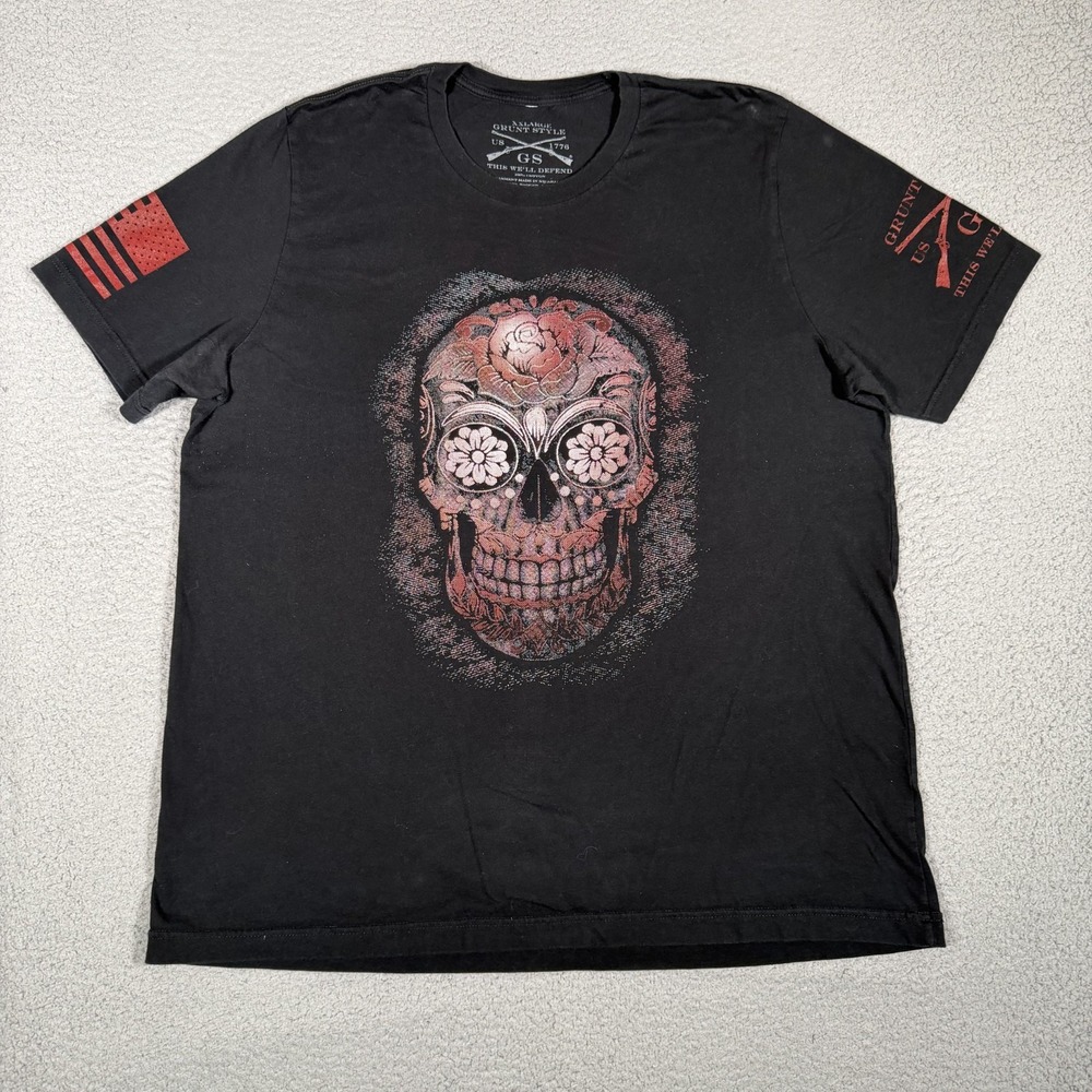Grunt Style Shirt Mens XXL Black Floral Skull 100% Cotton Casual Preppy Logo